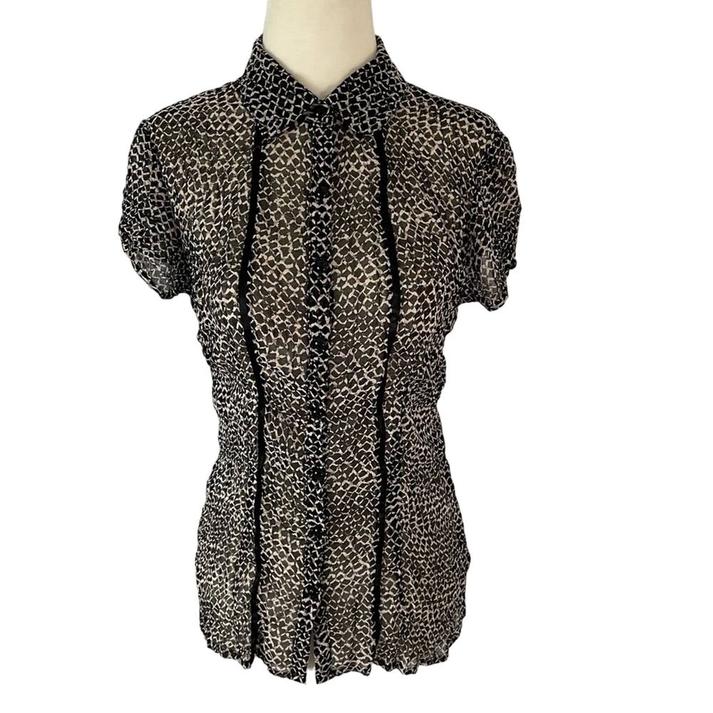 Tape Measure short sleeve blouse with ribbon detailing, slightly shear, size 4